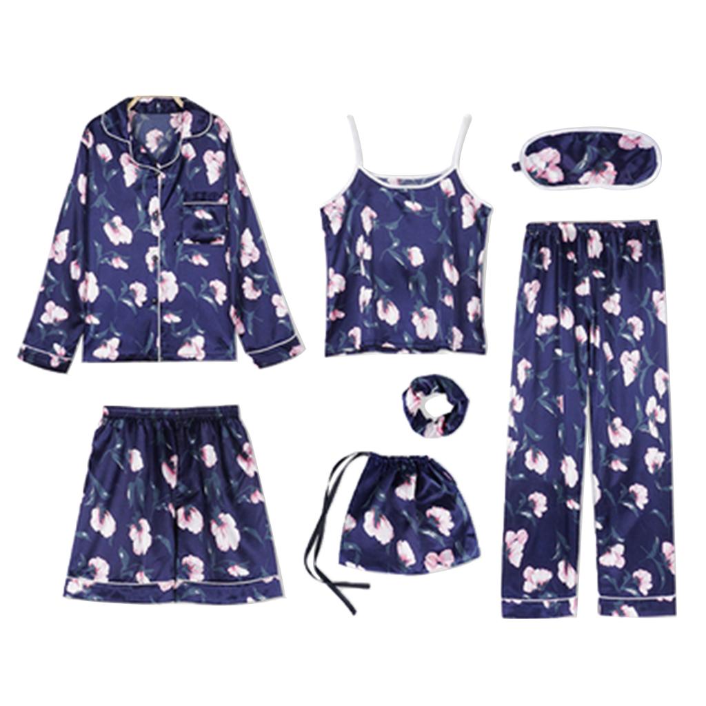 7Pieces Womens Pajamas Set Printed Sleepwear Suits Loungewear Navy XL