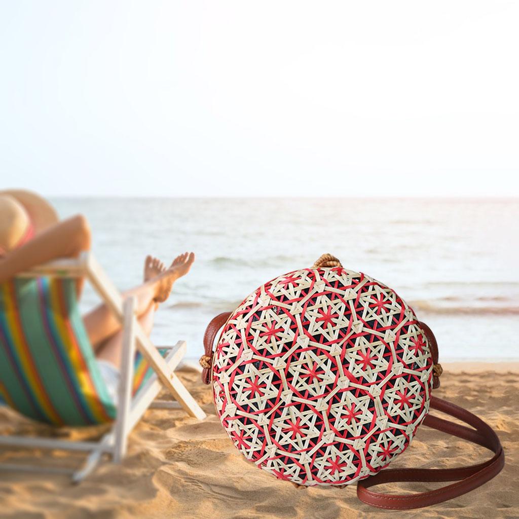 Crossbody Women Lady Round Bamboo Summer Woven Beach Shoulder Bag Red