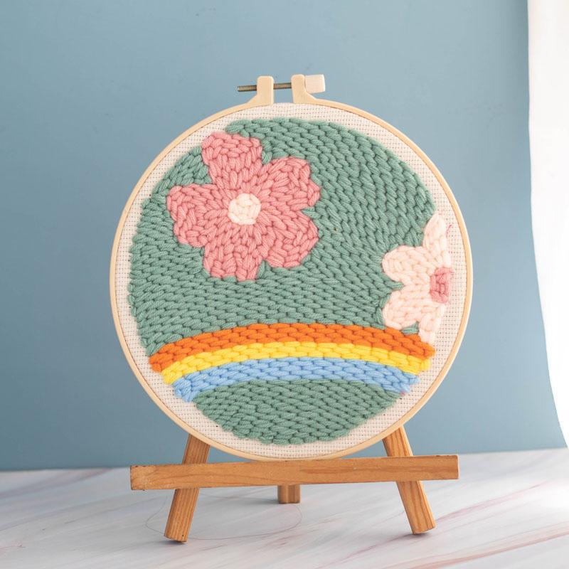 Punch Needle Kit with Punch Bamboo Embroidery Hoop DIY Craft Rainbow Flower