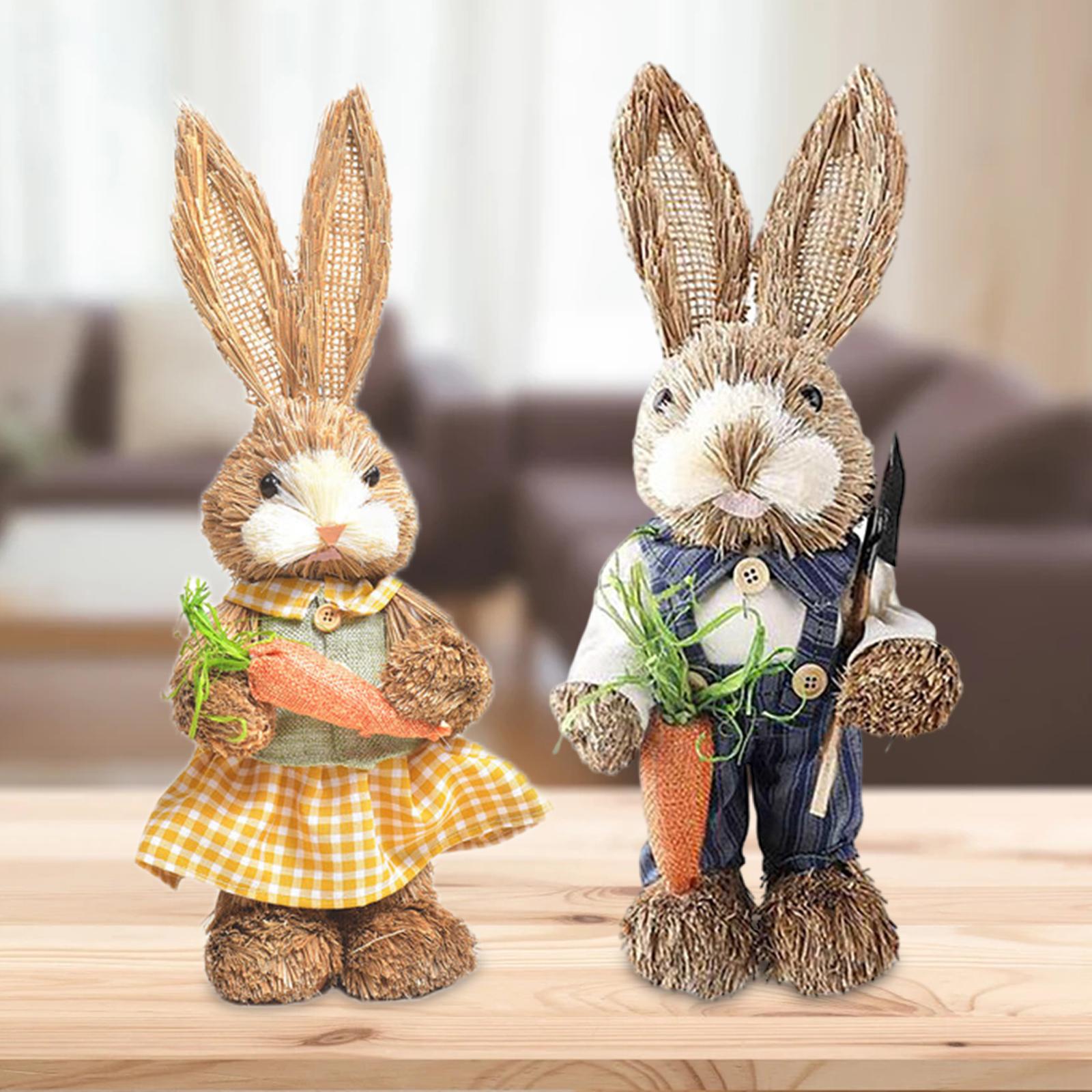 1 Set Straw Bunny Ornament w/ Clothes Easter for Christmas Garden 2 Pieces