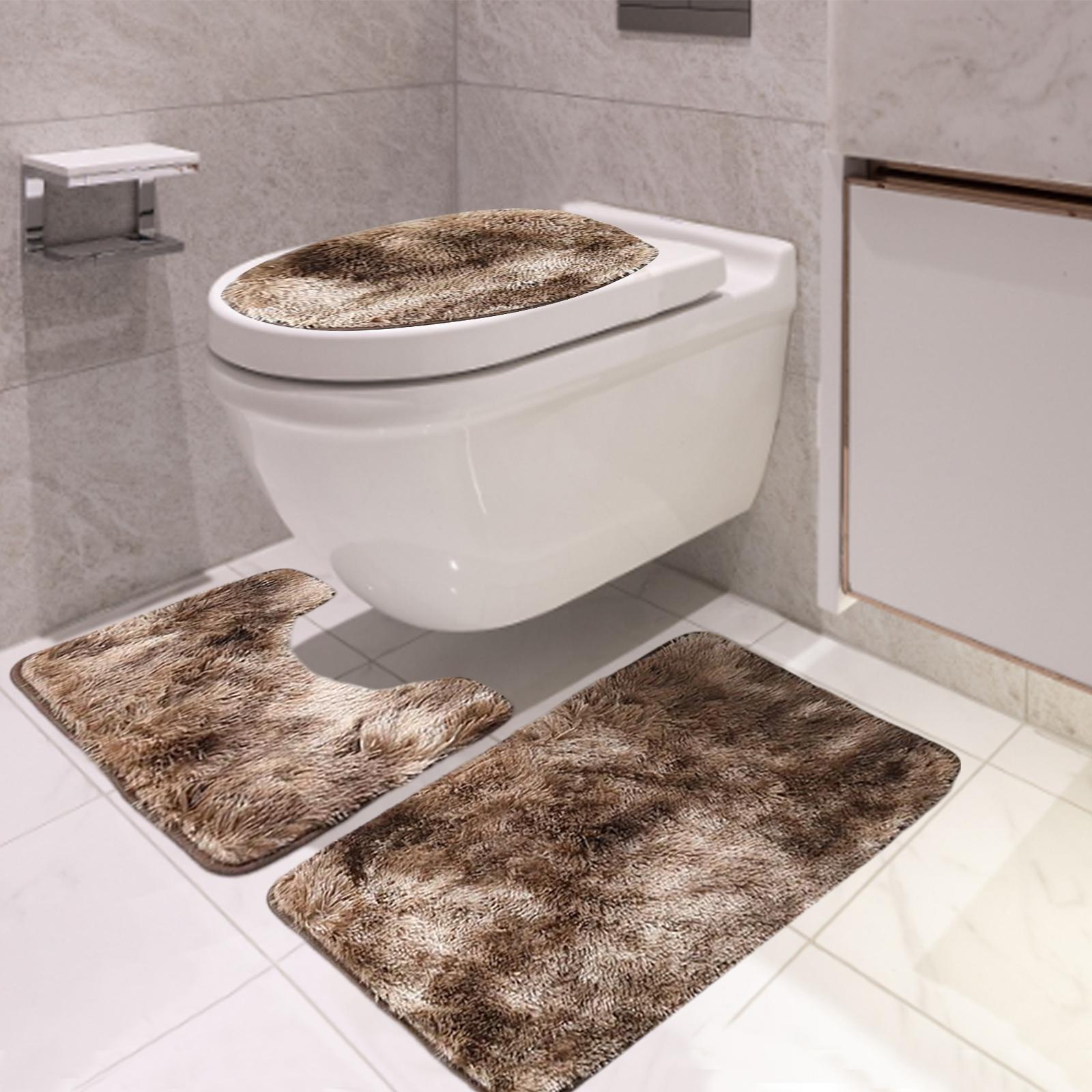 3x Bath Mats Set with Toilet Lid Cover Absorbent Large Carpet for Tub Brown