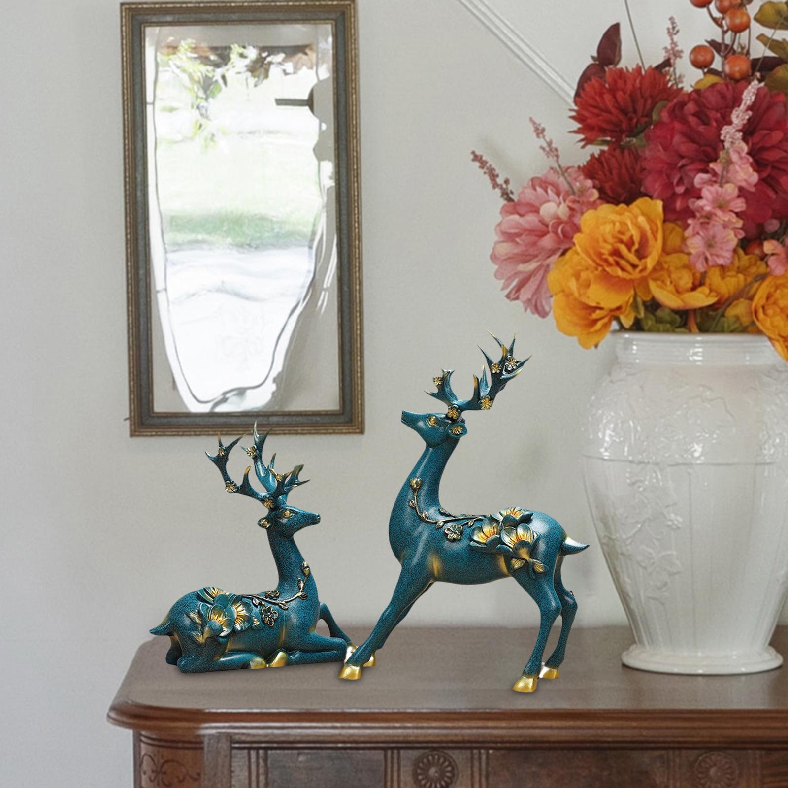 2x Reindeer Figurines Housewarming Office Furnishing Bedroom Elk Deer Statue blue