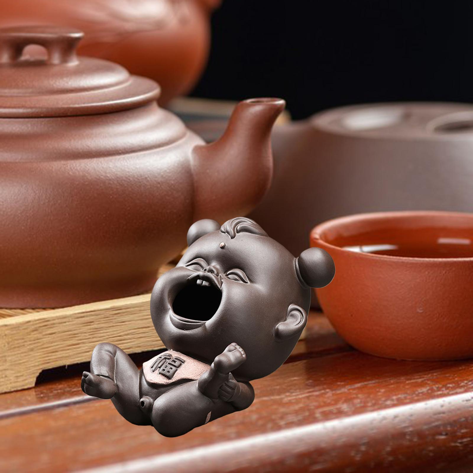 Ceramic Clay Chinese Fu Baby Mini Tea Pet Figurine Souvenir for Fairy Garden Dark Color