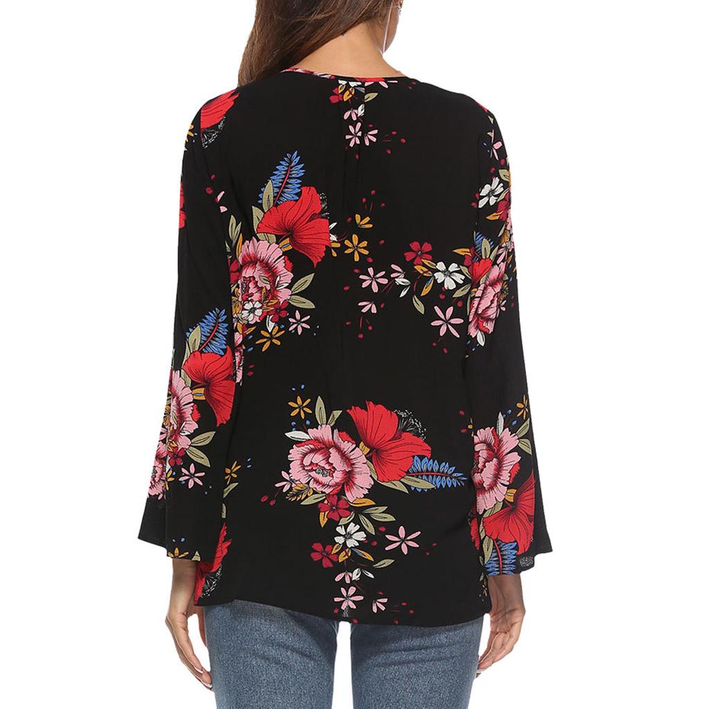 Women's V-Neck Bell Sleeve Blouse Floral Print Wrap Front Top Shirt XL Black