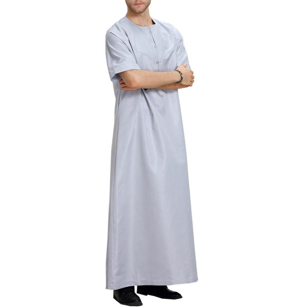 Men's Muslim Arab Islamic Solid Short Sleeve Thobe Thawb Caftan  XL Gray