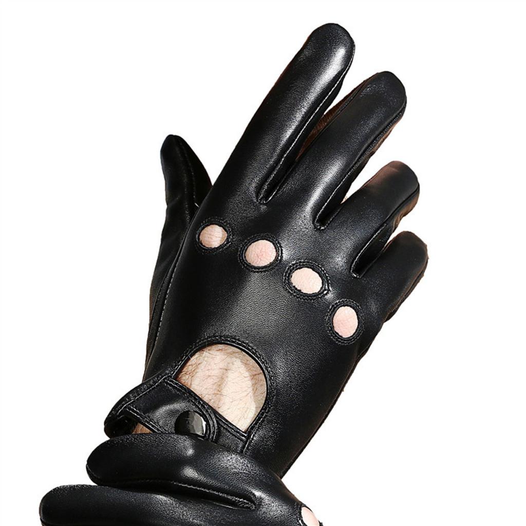 Men Retro Black Real Leather Driving Gloves Lined Screen To