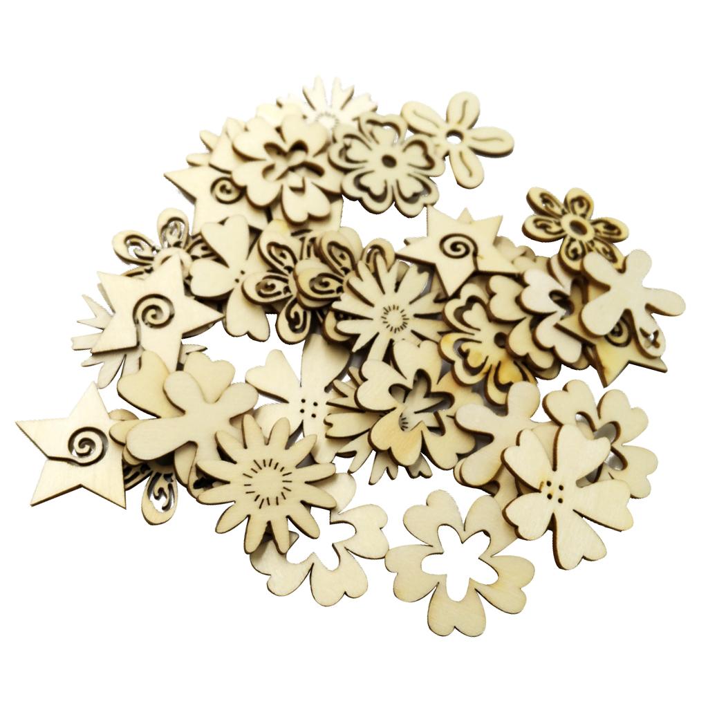 100 Pieces Mixed Natural Cut Wood Flower Shapes Scrapbooking Embellishments