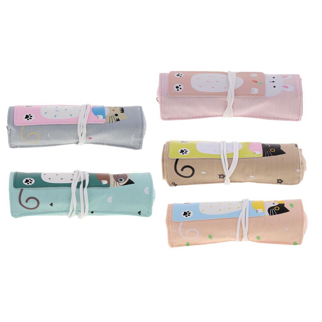 Cartoon Animal Pencils Case Roll Holder Canvas Storage Organizer Green Cat