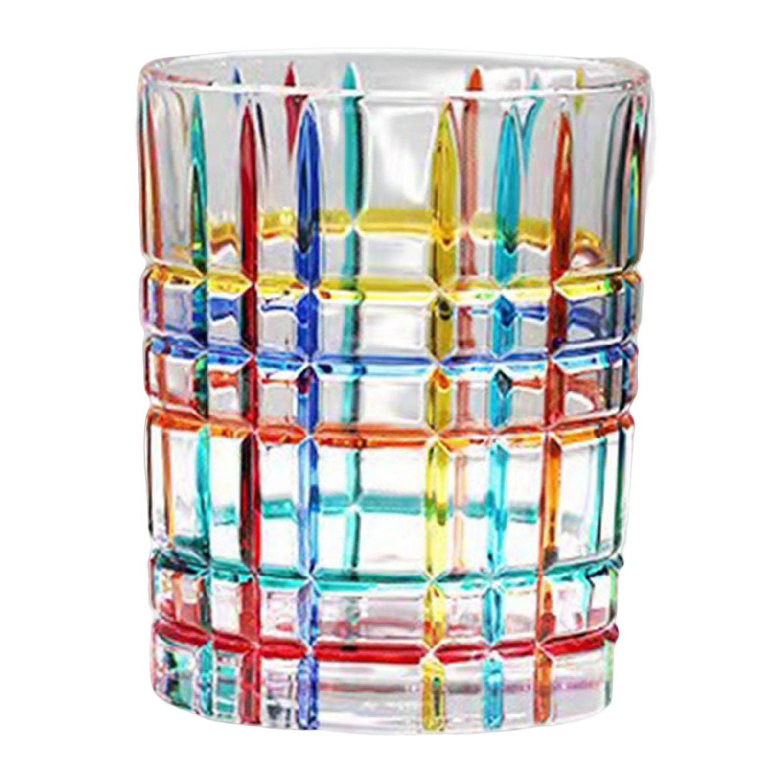 Glass Cup with Colorful Painting Glassware Teacup for Home Beverage Wine Grid Pattern