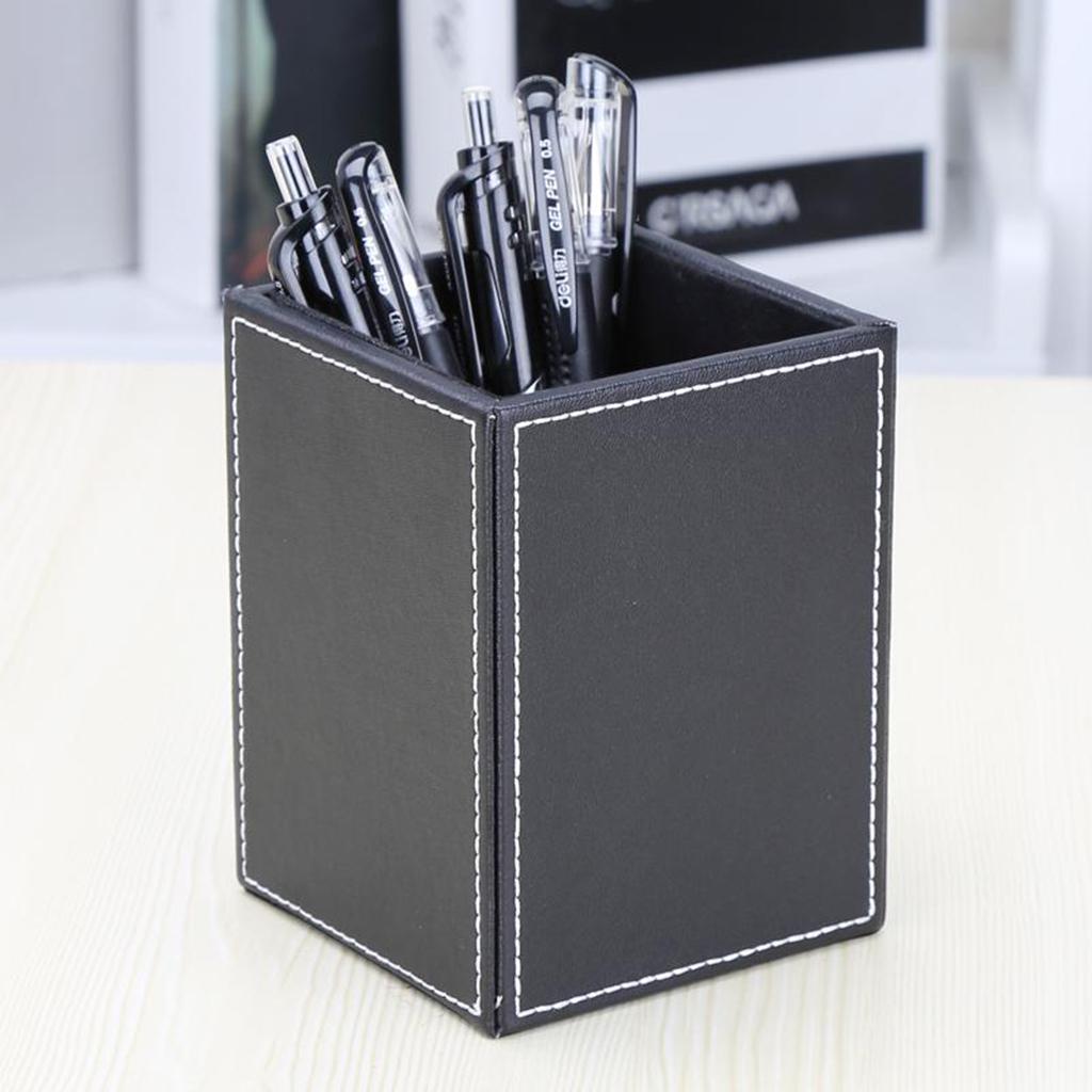 Office PU Leather Pen Pencils Holder Desk Stationery Organizer Box Black