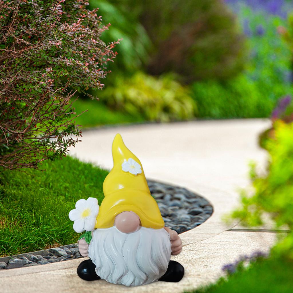 Garden Gnome Statue Figurine Weatherproof Entryway Elf Sculpture Yellow