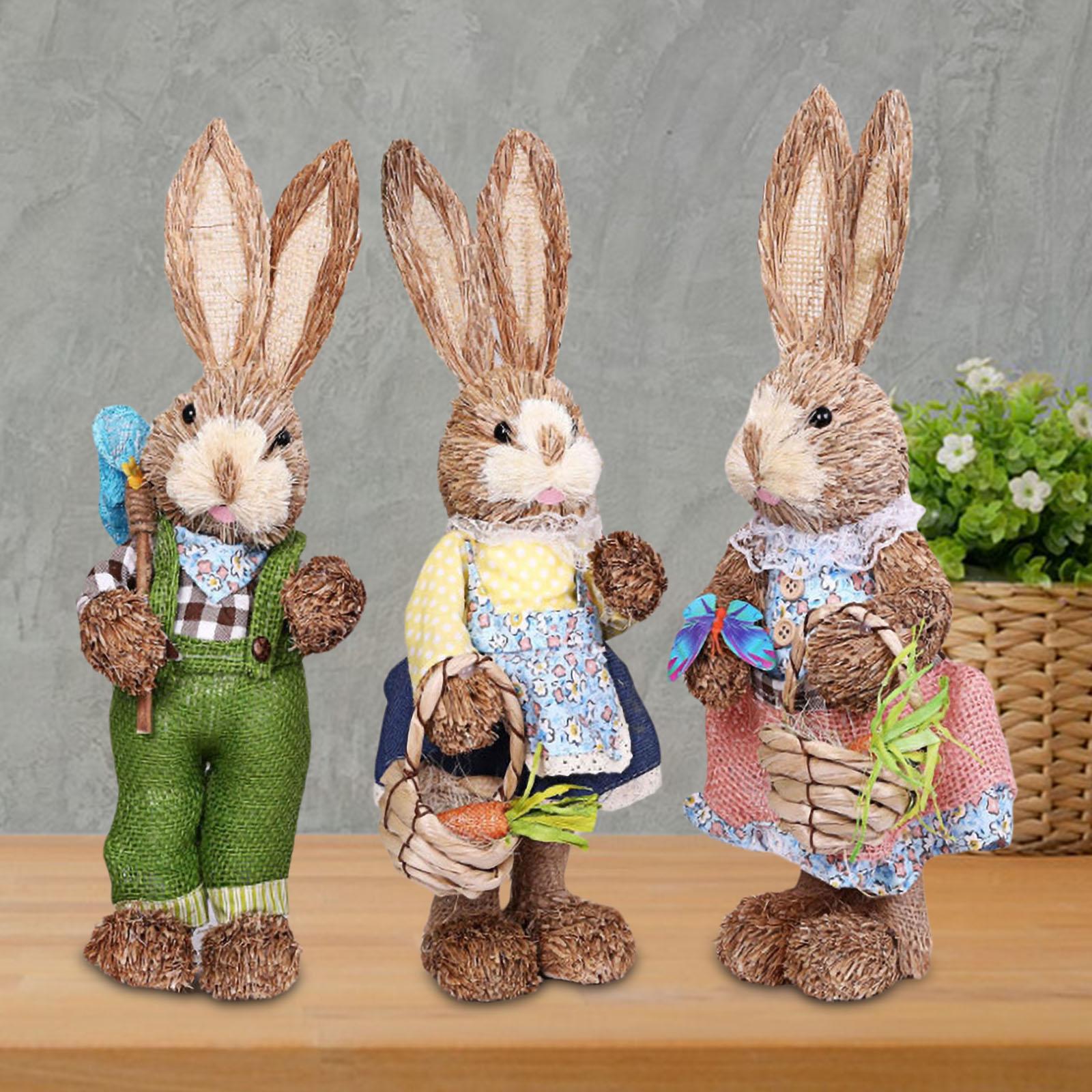 1 Set Straw Bunny Ornament w/ Clothes Easter for Christmas Garden 3 Pieces