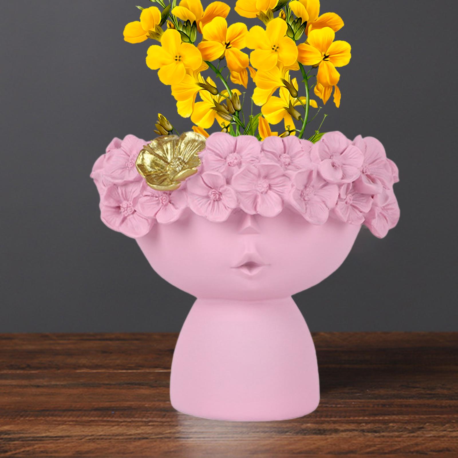 Small Resin Girl Head Vase Makeup Brush Holder Sculpture Table Statue Pink