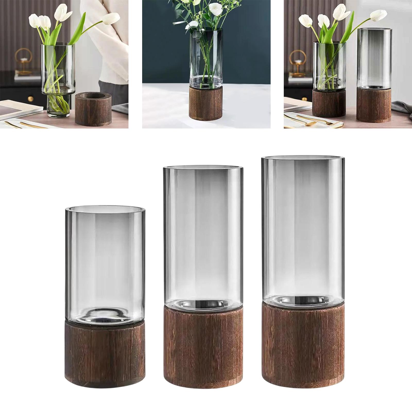 Modern Flower Vase Wood Base Cylinder Vases Table Centerpiece Glass Vase S