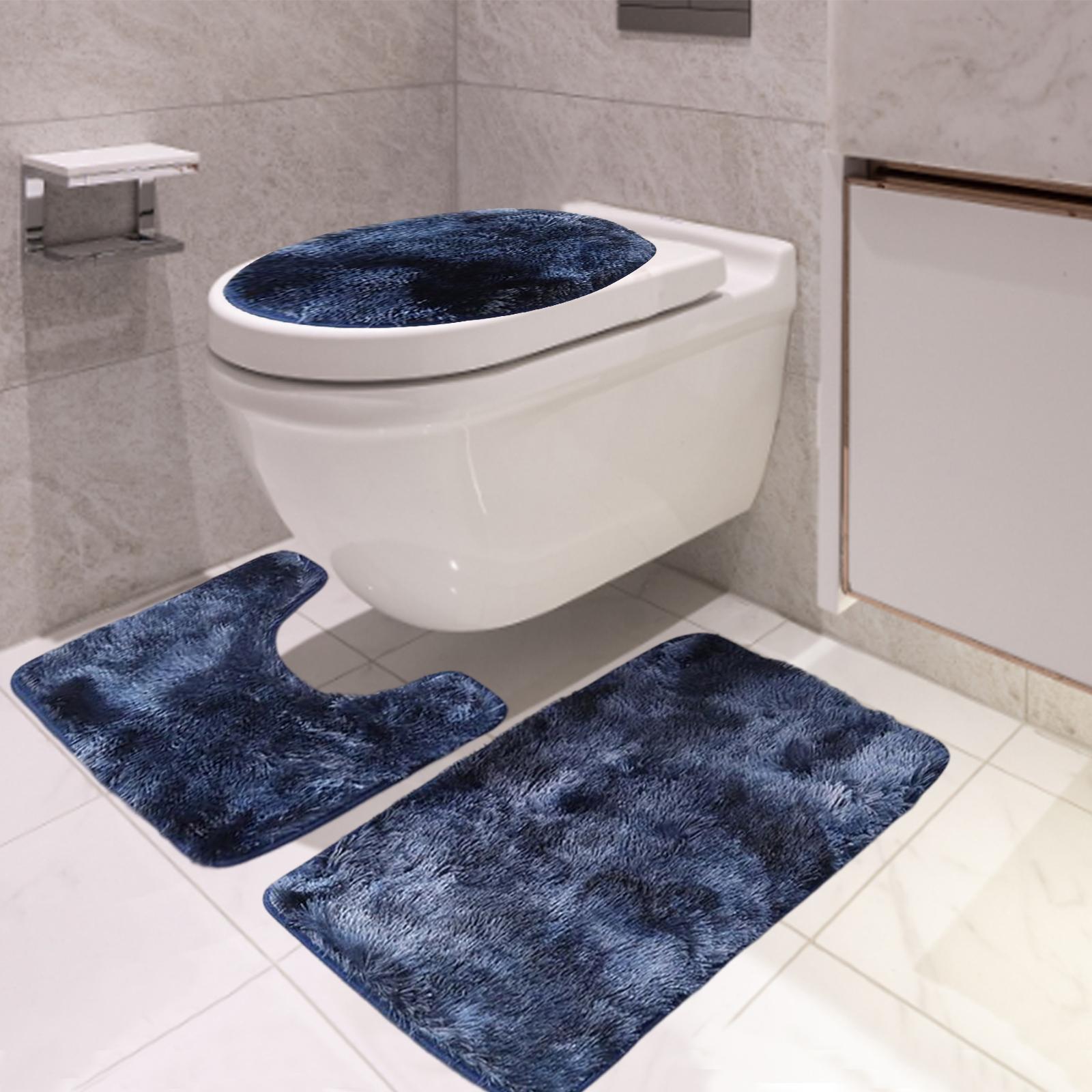 3x Bath Mats Set with Toilet Lid Cover Absorbent Large Carpet for Tub Blue
