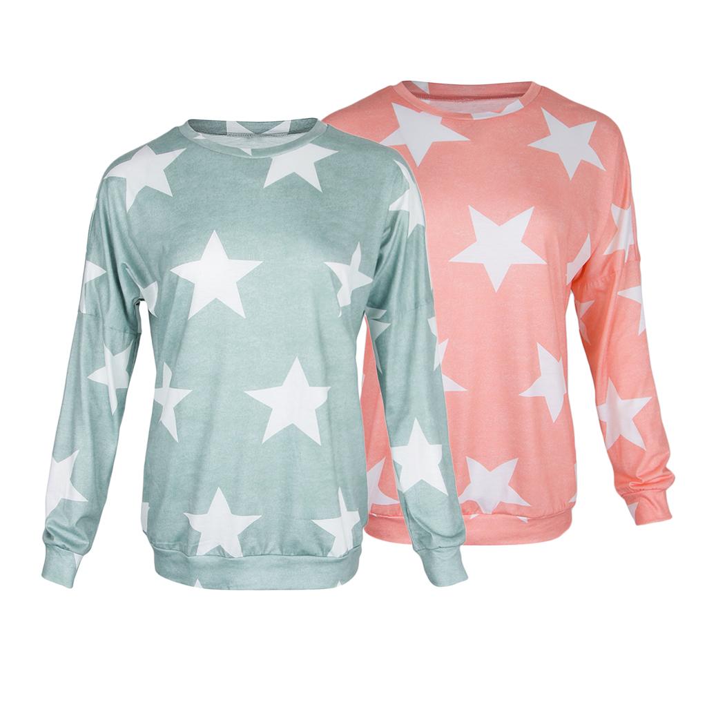 Fashion Women Stars Print Round Neck Star Print Long Sleeve T-shirt S Pink