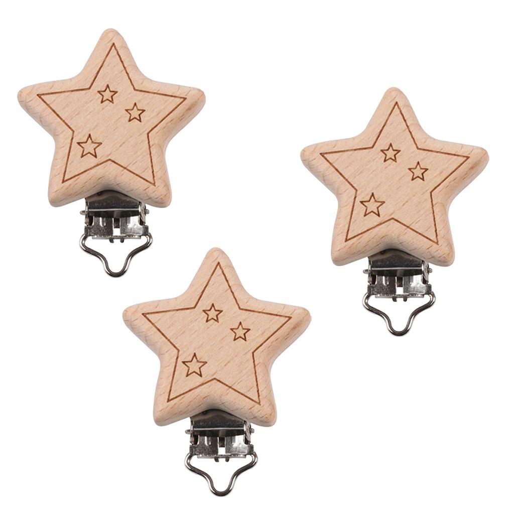 3 Pack Baby Pacifier Chain Clip Pacifier Clip Wooden Clips 42x56mm star
