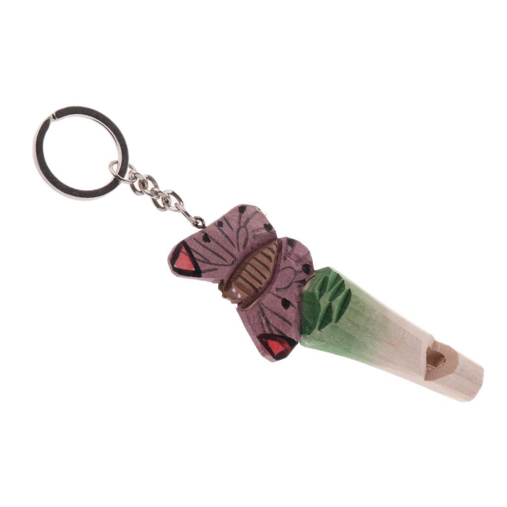 Wooden Carved Animal Whistle Key Chain Key Rings Charms Butterfly 9.5x4cm