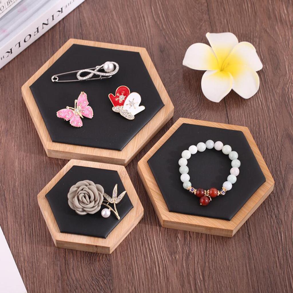 3pcs Wooden Jewelry Showcase Earrings Necklace Display Holder  Black Leather