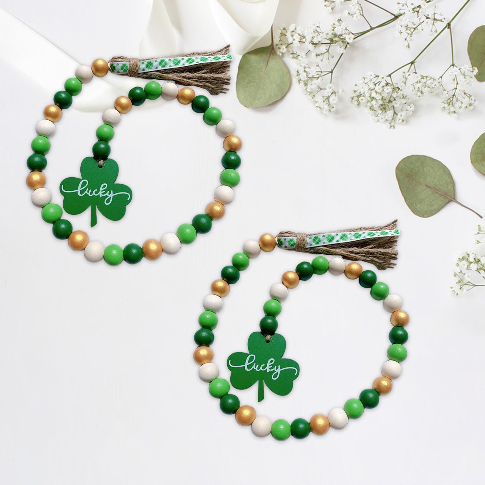 2x Wood Bead Garland with Tassels Natural Wooden Embellishments Wall Hanging Green White Gold