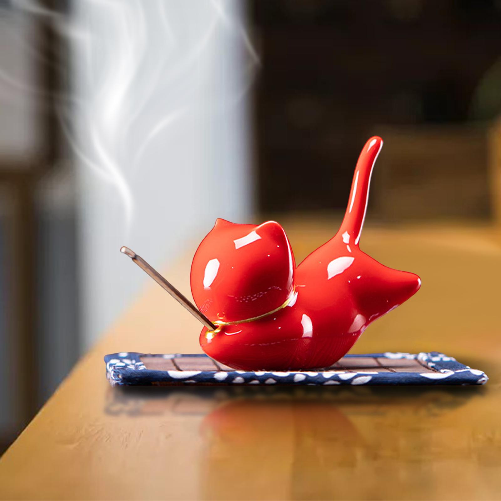 Incense Stick Holder Censer with Bamboo Table Mat Cat Shape for Tea Ceremony Red