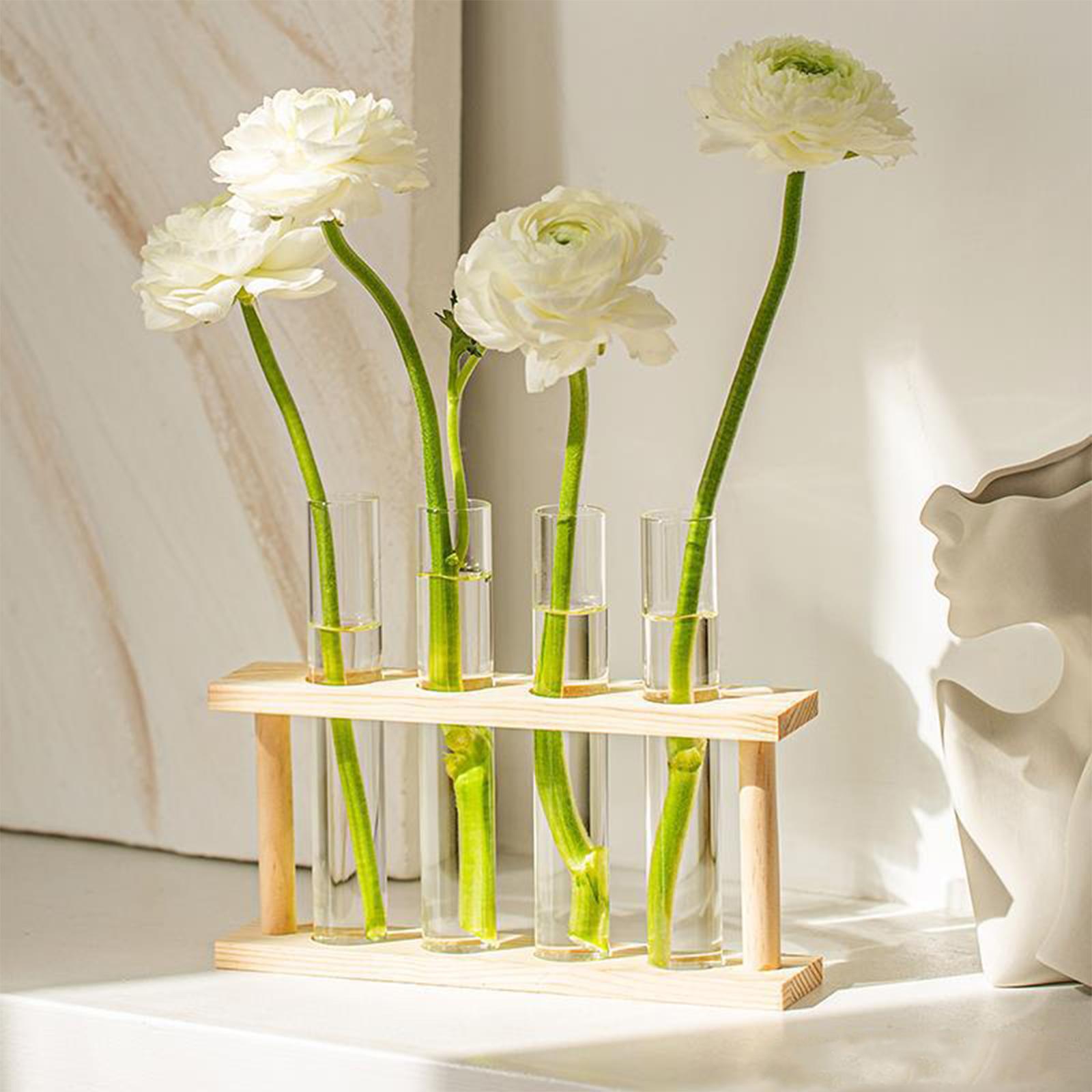 Test Tube Flower Vases Plant Propagation Station Tube for Party Drawing Room 4 Short Wooden