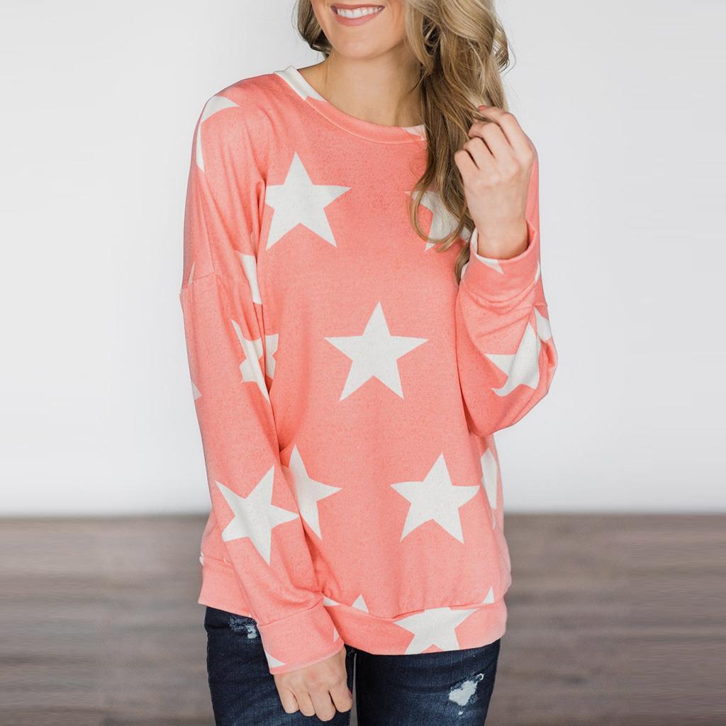 Fashion Women Stars Print Round Neck Star Print Long Sleeve T-shirt M Pink