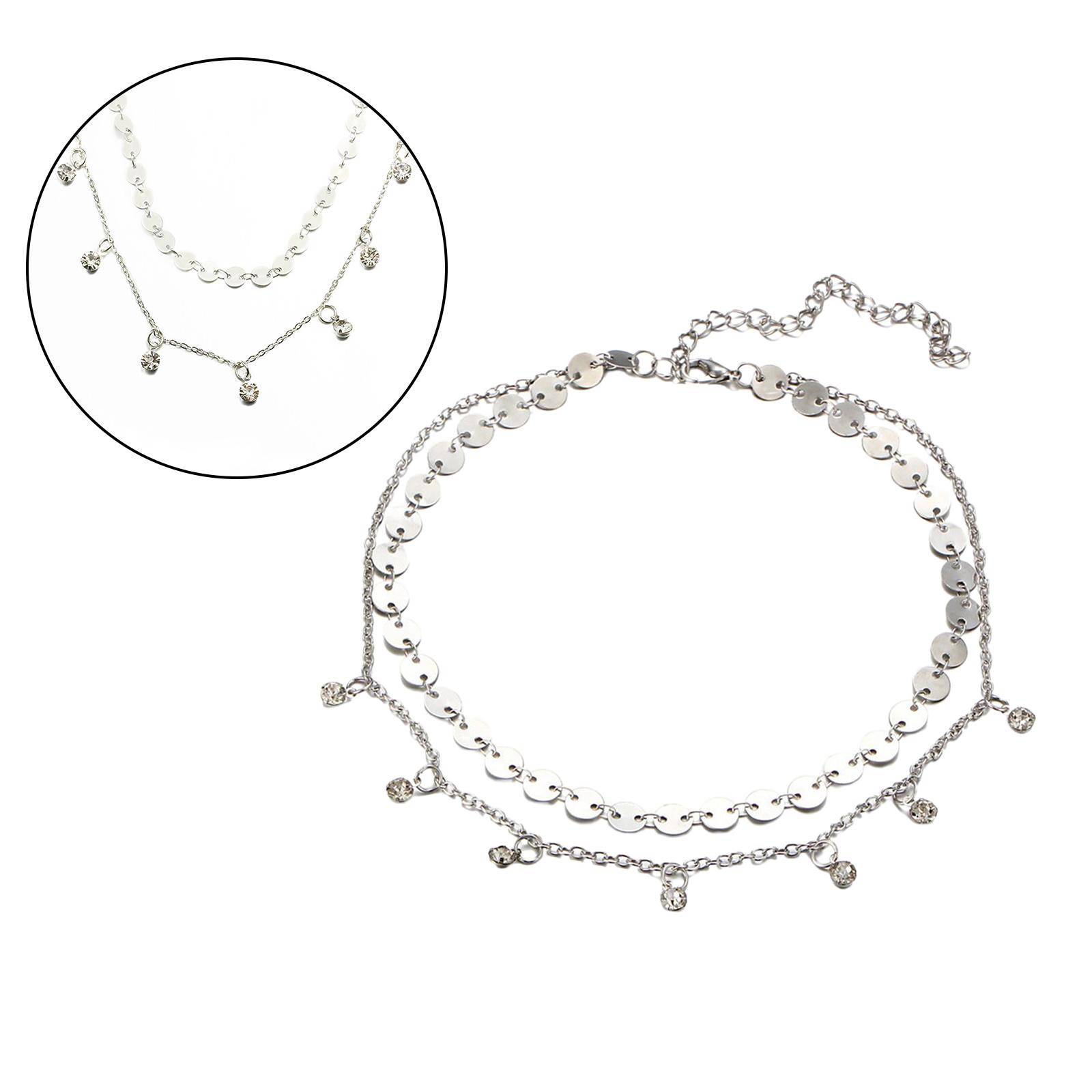 Sparkly Sequin Necklace Choke Double Necklace Charm Jewelry Silver