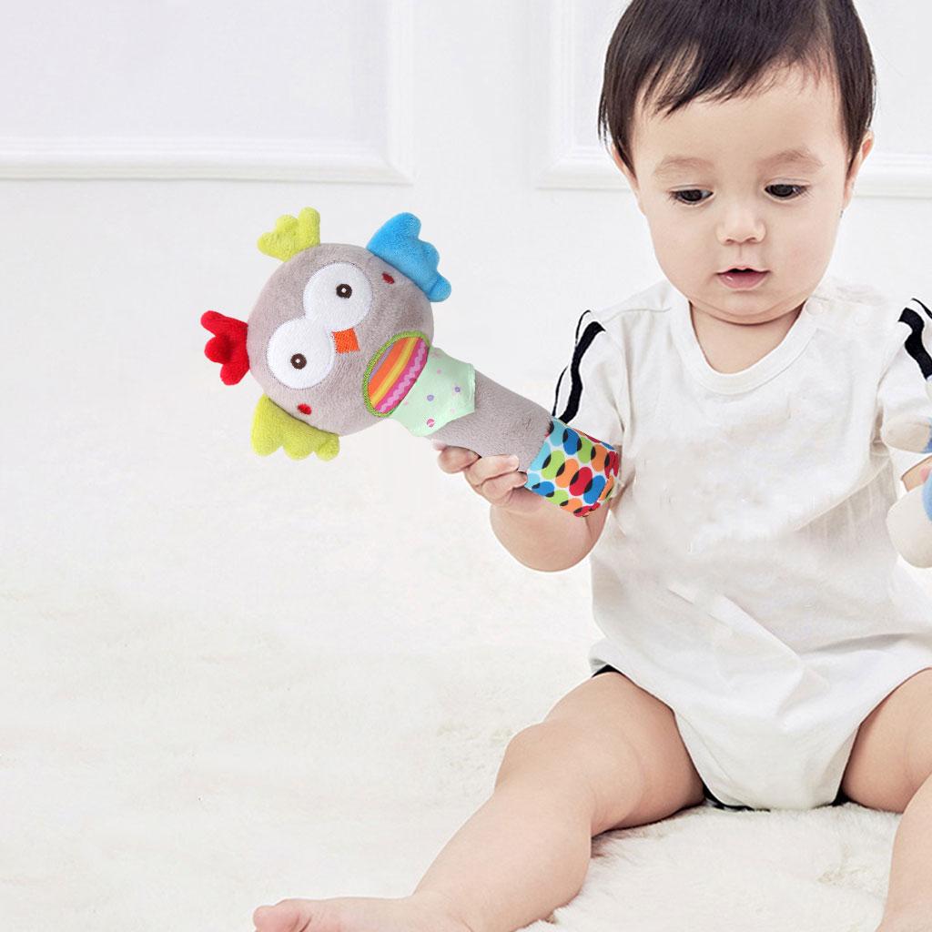 3xAnimal Shape Hand Rattles Squeaker Sticks Handbells Plush Toddlers Owl