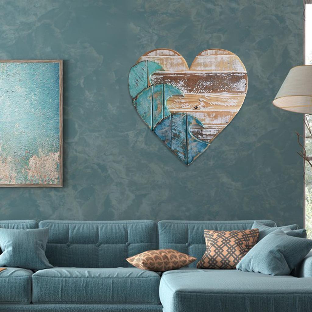 Nordic Style Wood Heart Shape Hanging Pendant Blue Wave Design Home Decor