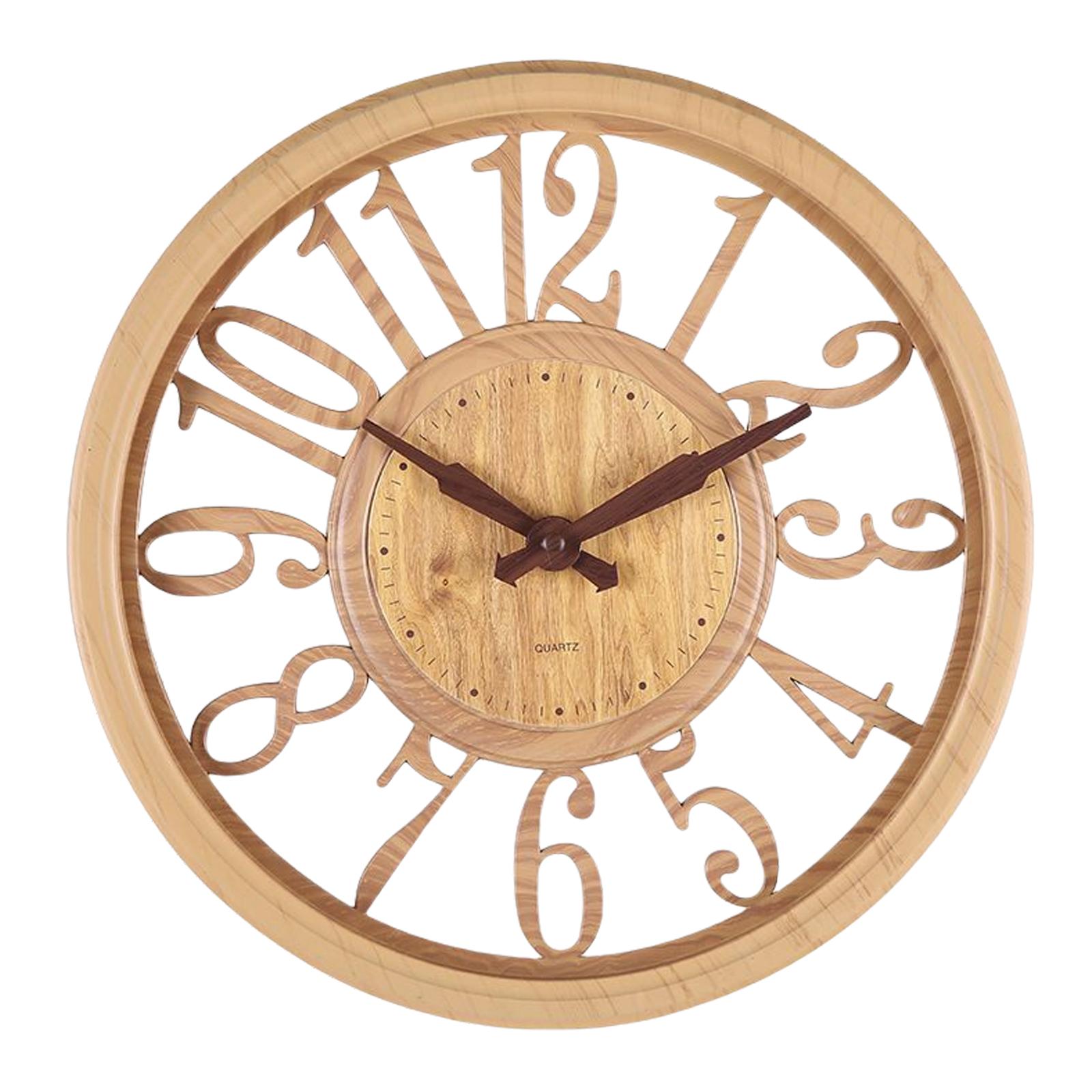 12" European Style Wall Clock Hollow Wood Texture Round Cafe
