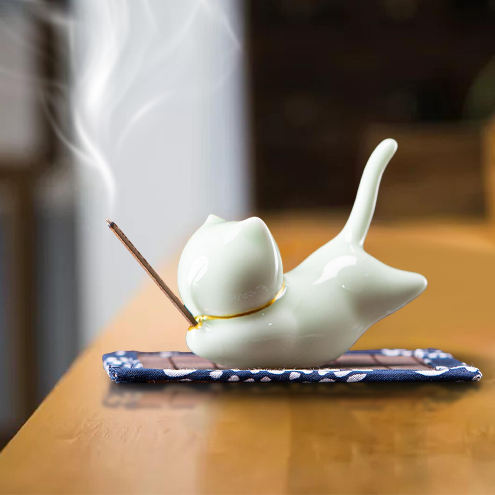 Incense Stick Holder Censer with Bamboo Table Mat Cat Shape for Tea Ceremony Light Green