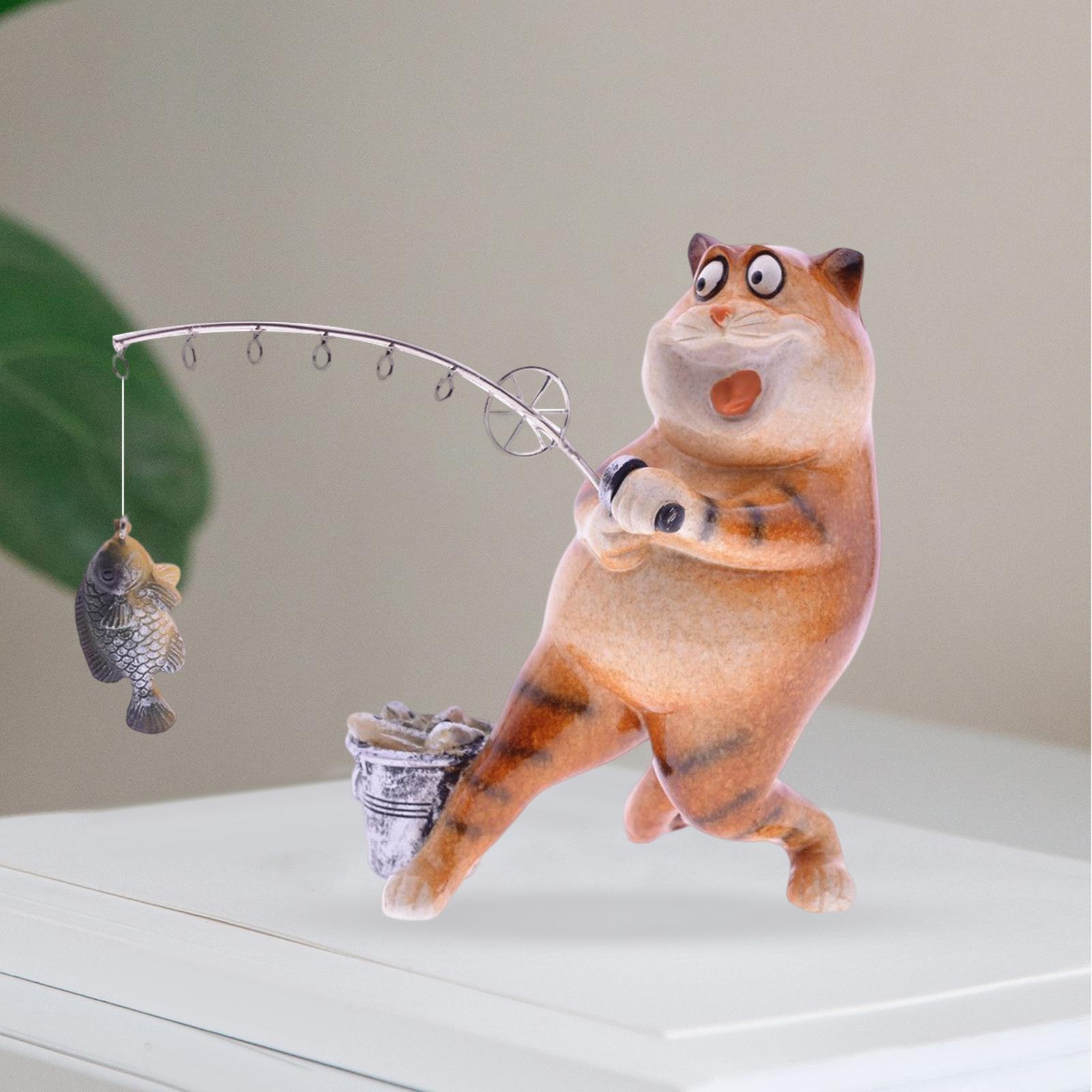 Kitten Figurine Miniature Fat Kitten Statue Desktop Fishing Cat Sculpture StyleC