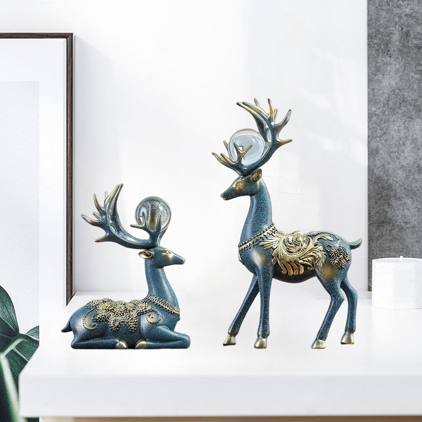 2x Deer Statues Reindeer Figurines Collectable Sitting and Standing Blue