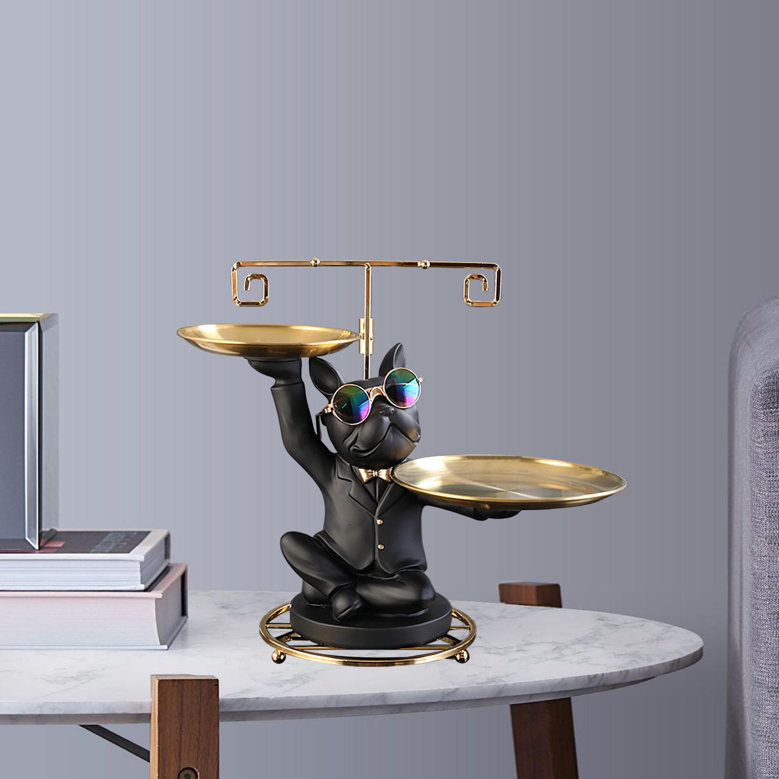 Bulldog Statue Tray for Jewelry Lipsticks Cosmetics Table Centerpiece Black