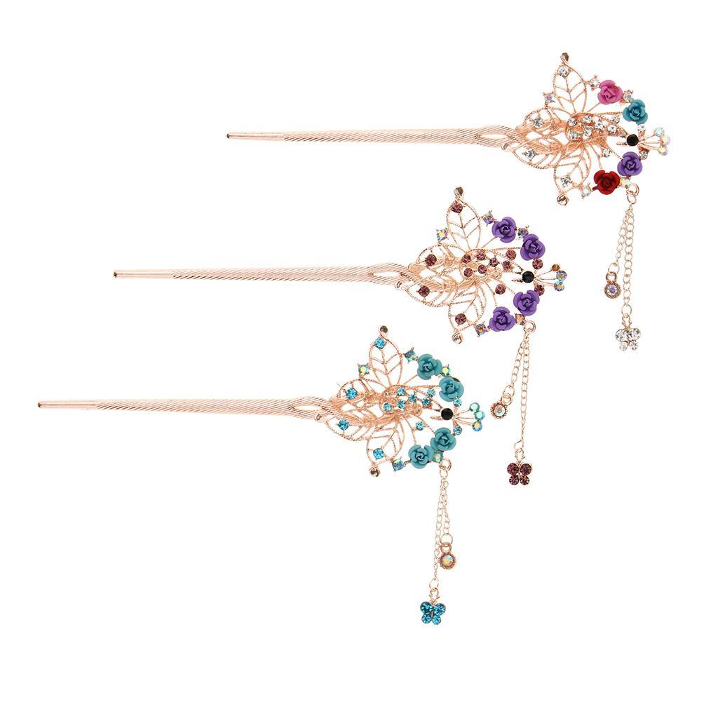 Crystal Hair Stick Clip Chopsticks Bun Holder Metal Hairpin Chinese Style RE