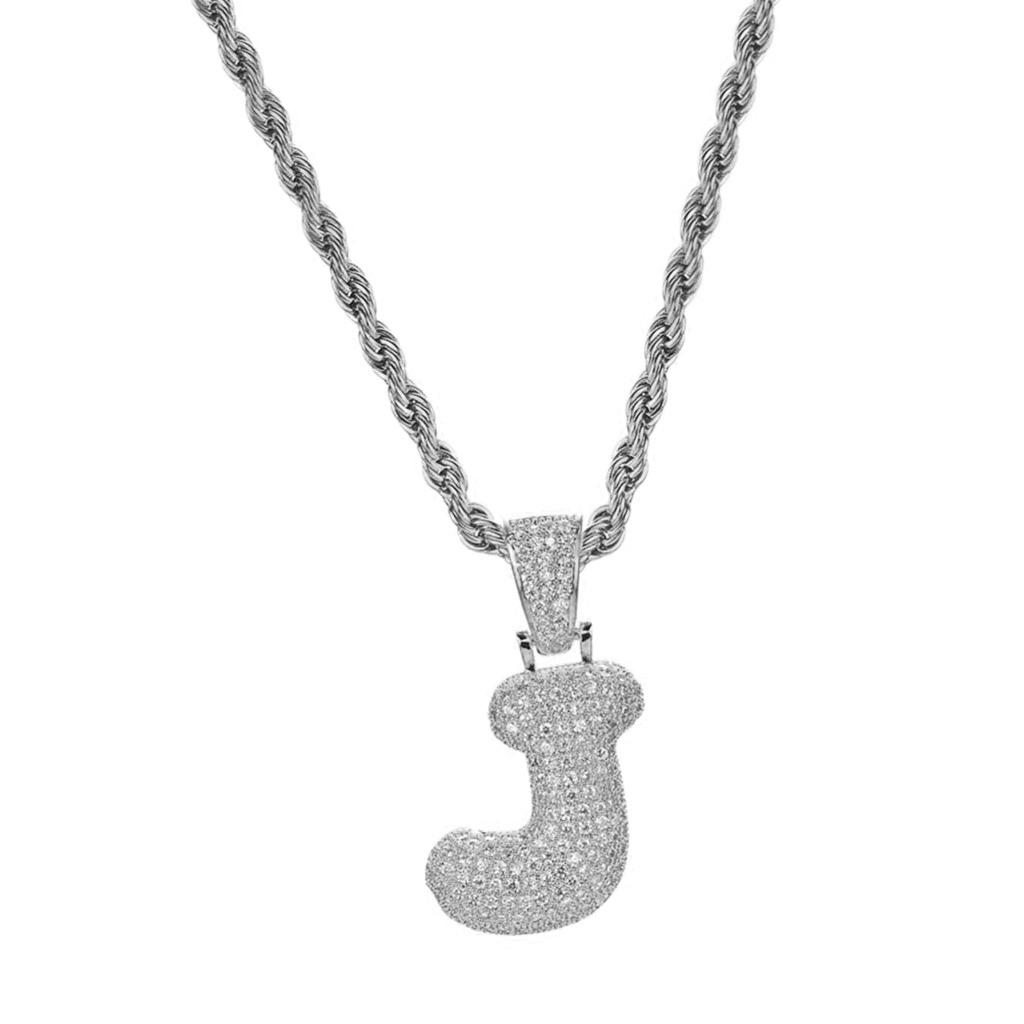 18k Golden Hip Hop Zircon Paved Letter J Pendant Necklace Silver