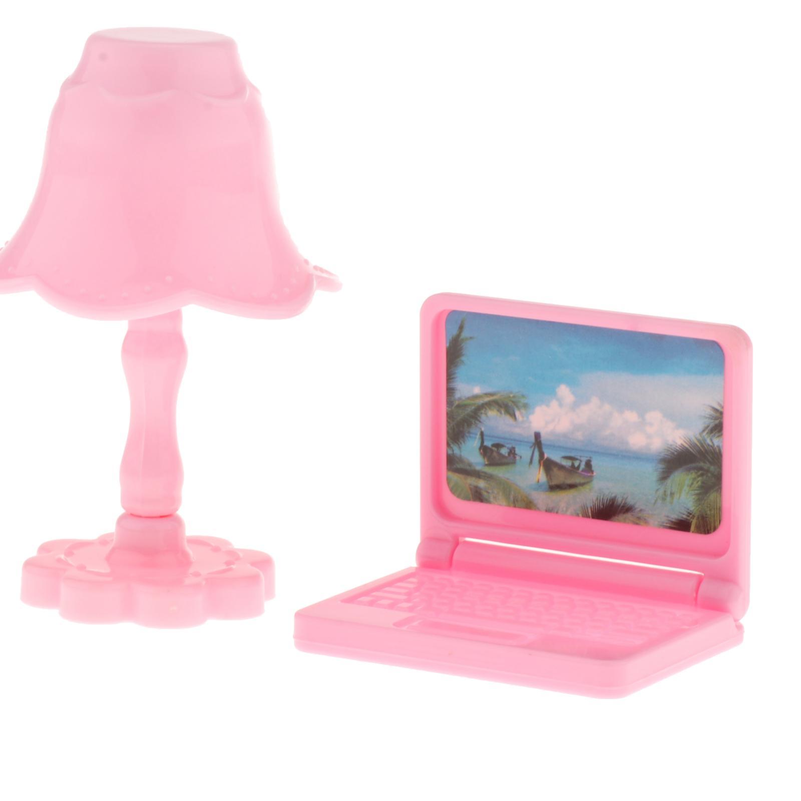 2xDollhouse Miniature Laptop Table Lamp Set Study Room Accessory Pink