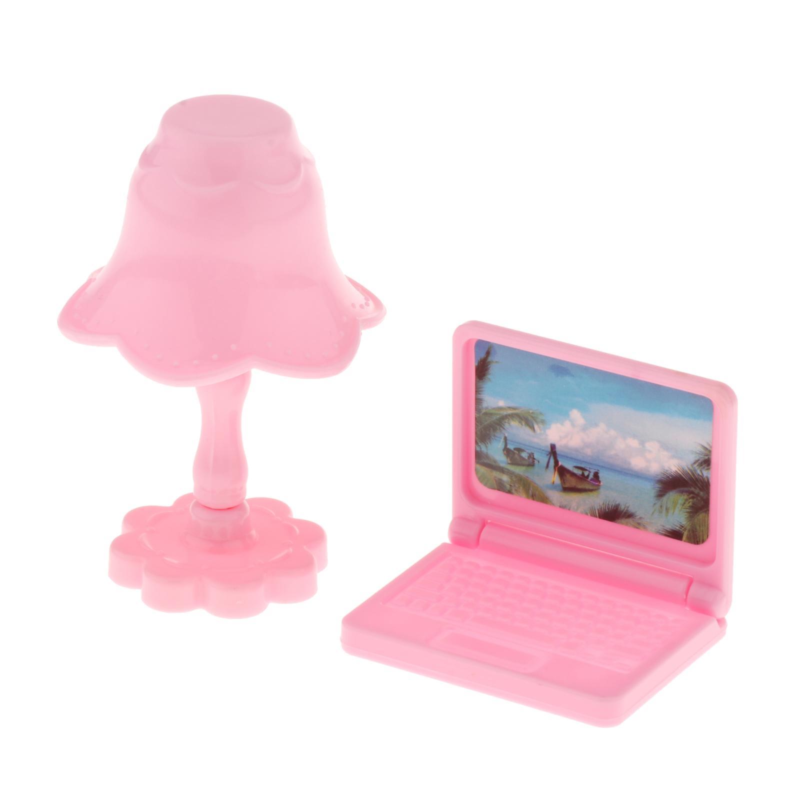Dollhouse Miniature Laptop Table Lamp Set Study Room Accessory Pink