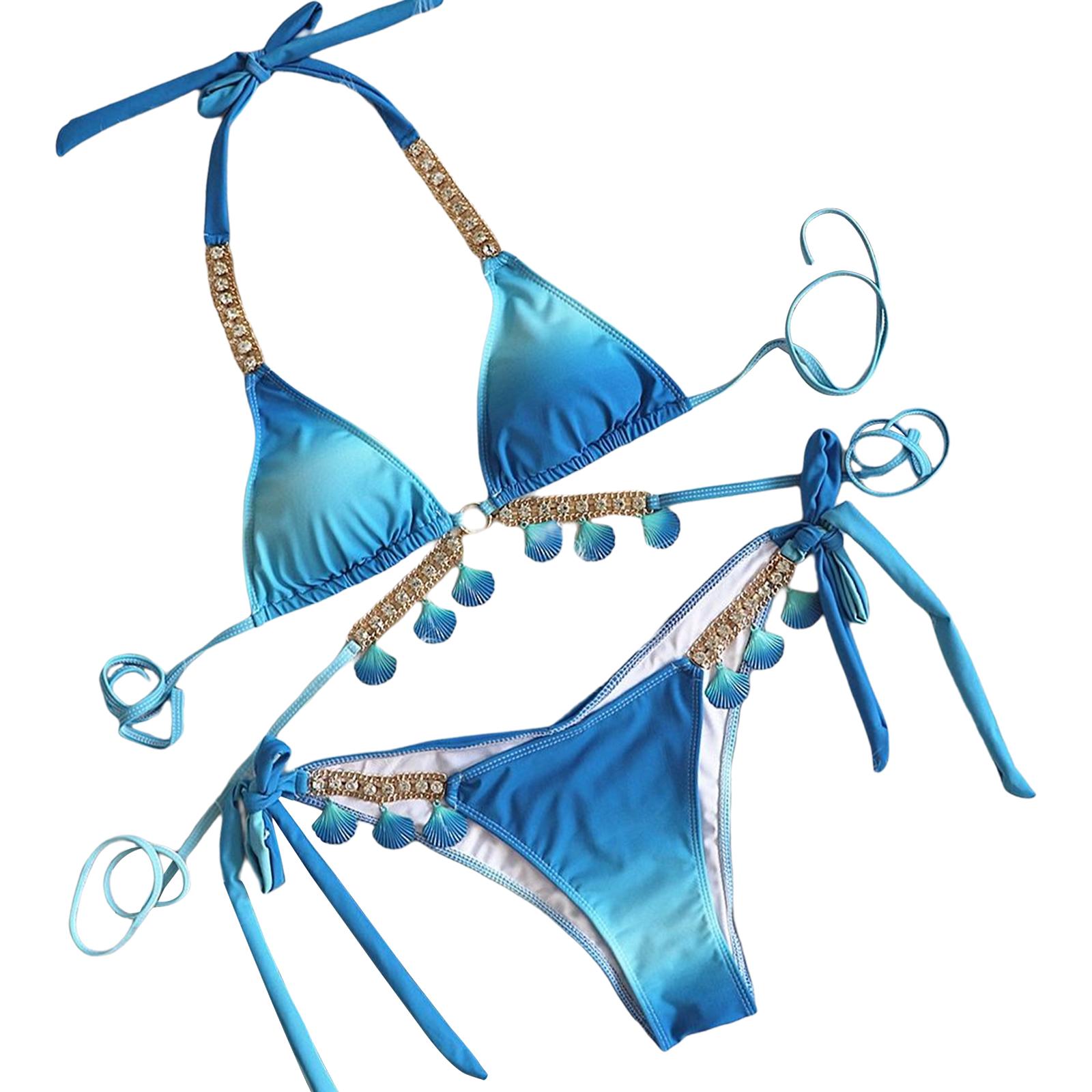 Women Bikini Set Diamond Shell Chain Triangle Top Swimsuit Swimwear Blue M