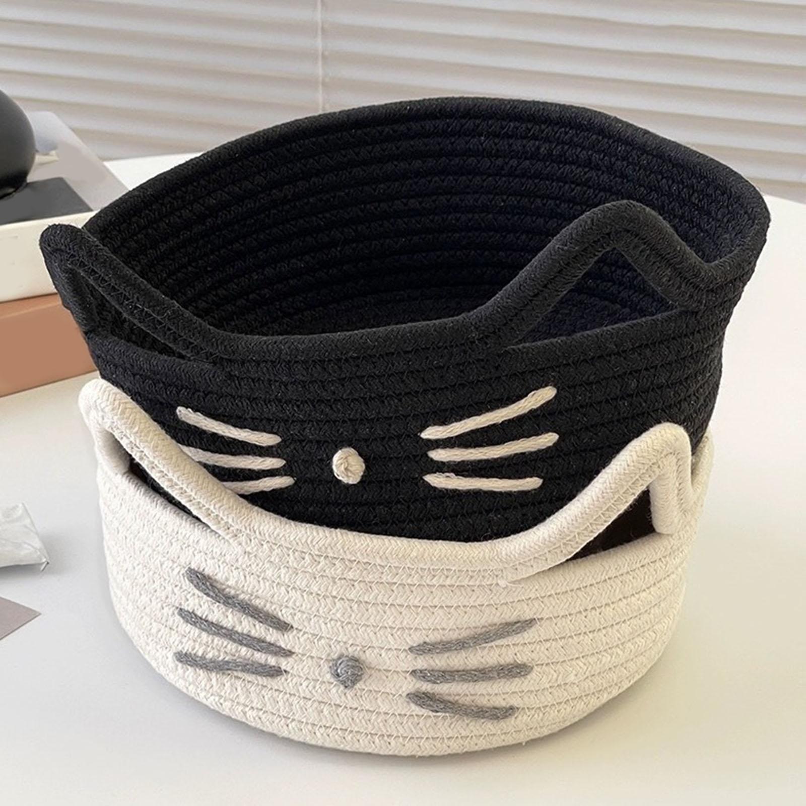 Cartoon Cat Cotton Rope Basket Lightweight for Hotel Drawing Room Restaurant Black