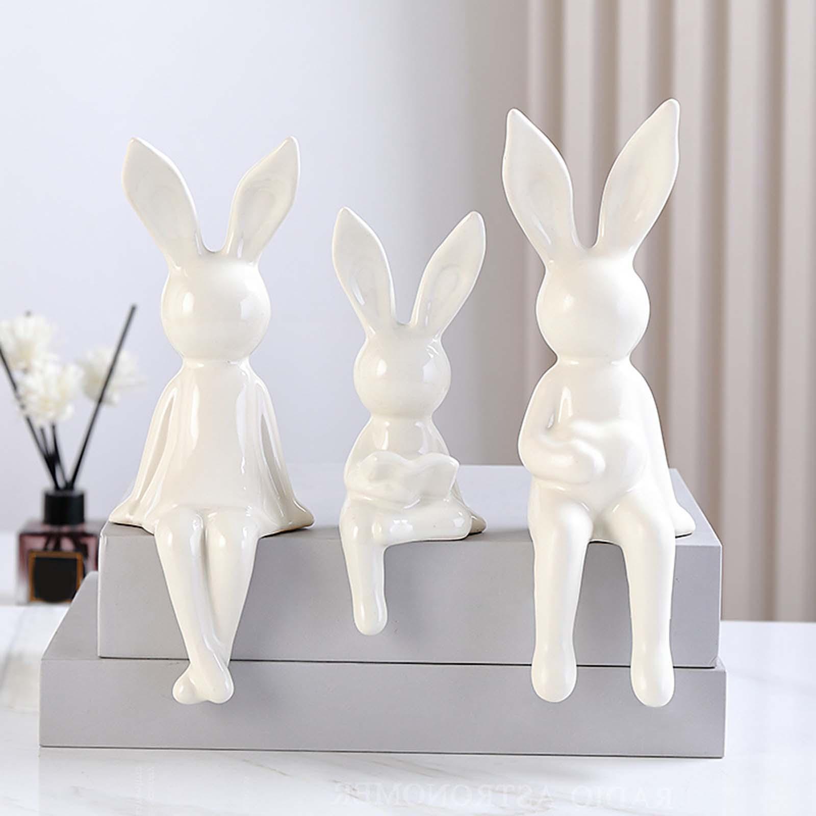 3Pcs Rabbit Family Statues Figurines Animal Figure Bedroom Bunny Sculpture White