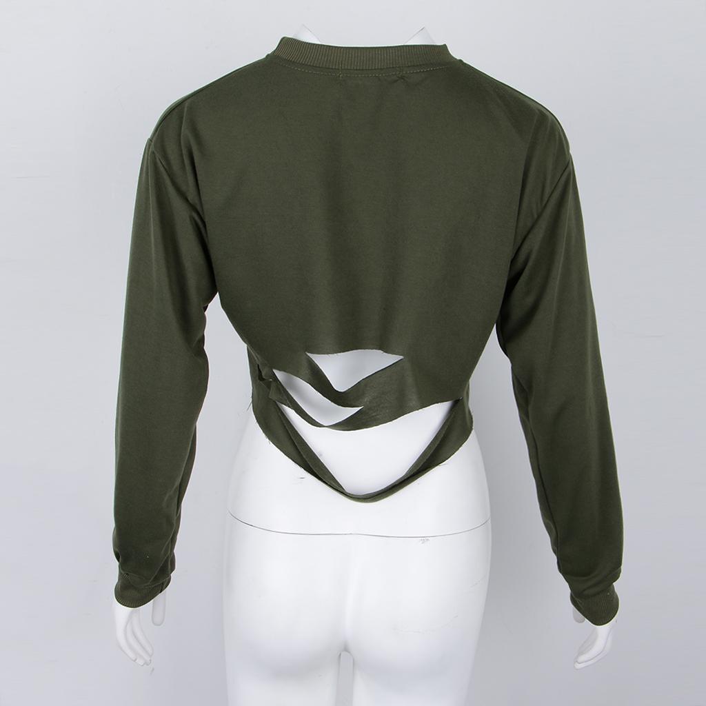 Womens Broken Hole Batwing Sleeve Crop Top Pullover Loose Sweatshirt Green M