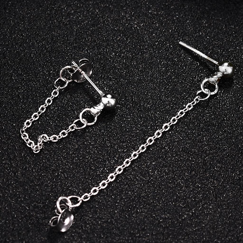 Stainless Steel Round Ball Stud Earring with Tassel Chain Dangle Earring