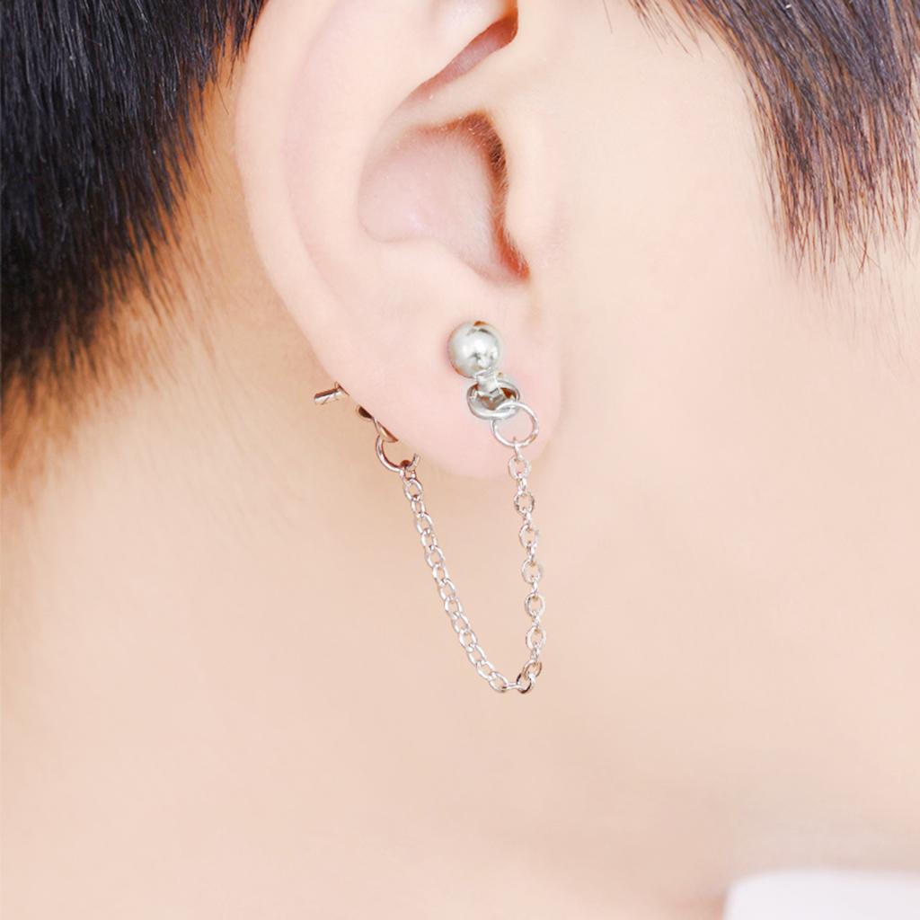 4xStainless Steel Round Ball Stud Earring with Tassel Chain Dangle Earring