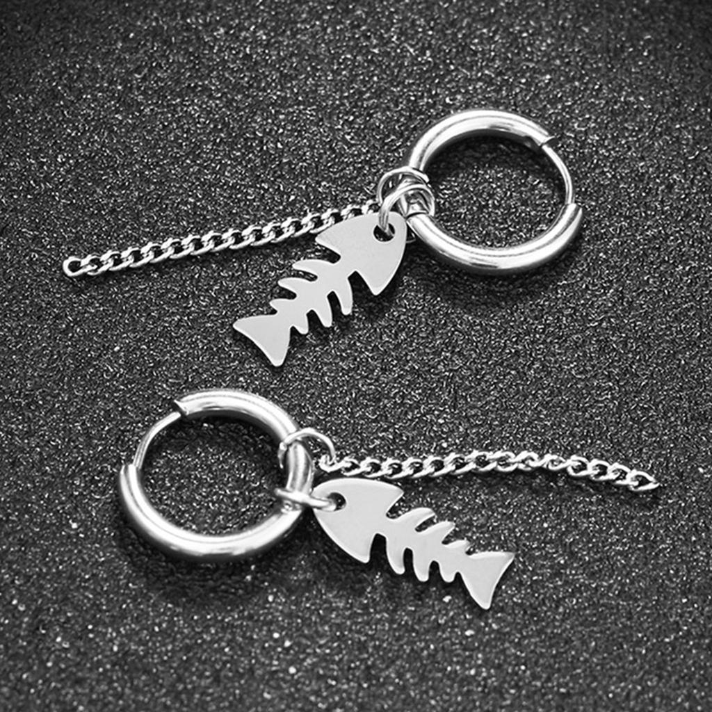 Fish Bone Skeleton Chain Stainless Steel Dangle Studs Earring Piercing