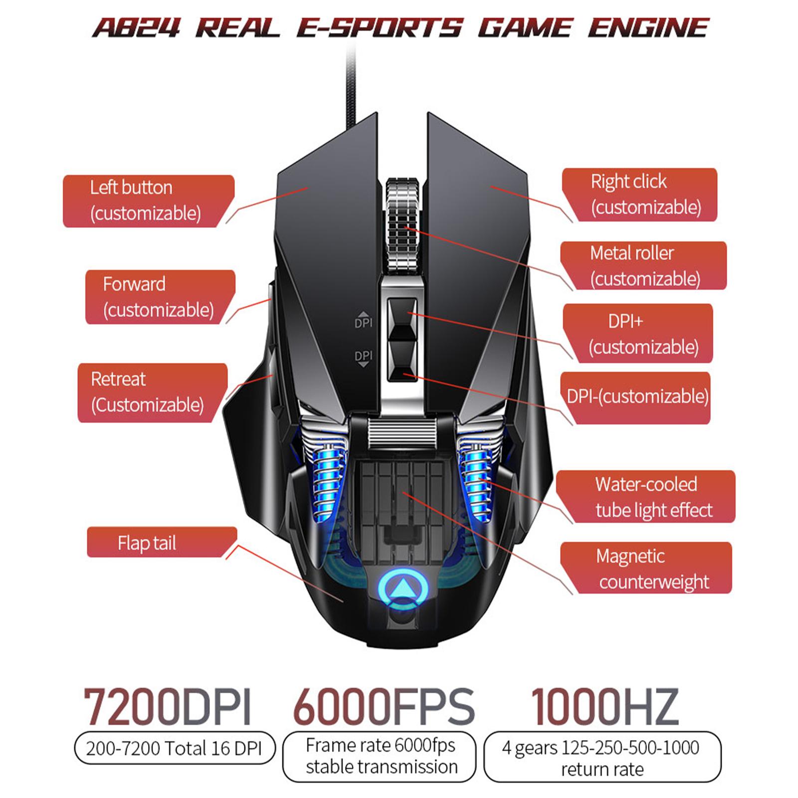 G10 Mechanical Gaming Mouse Wired Programming 7200 DPI with Flap Tail Black