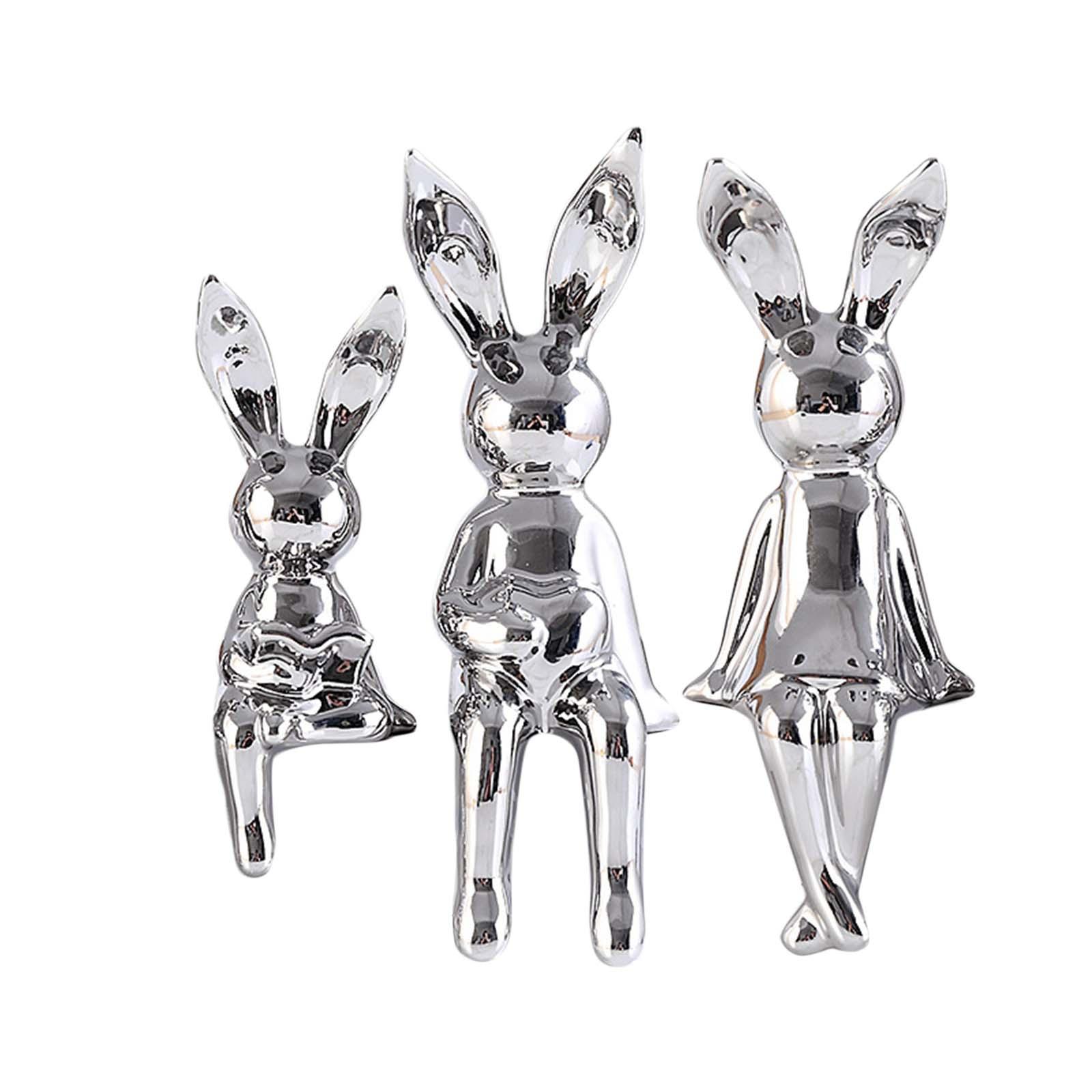 3Pcs Rabbit Family Statues Figurines Animal Figure Bedroom Bunny Sculpture Argent