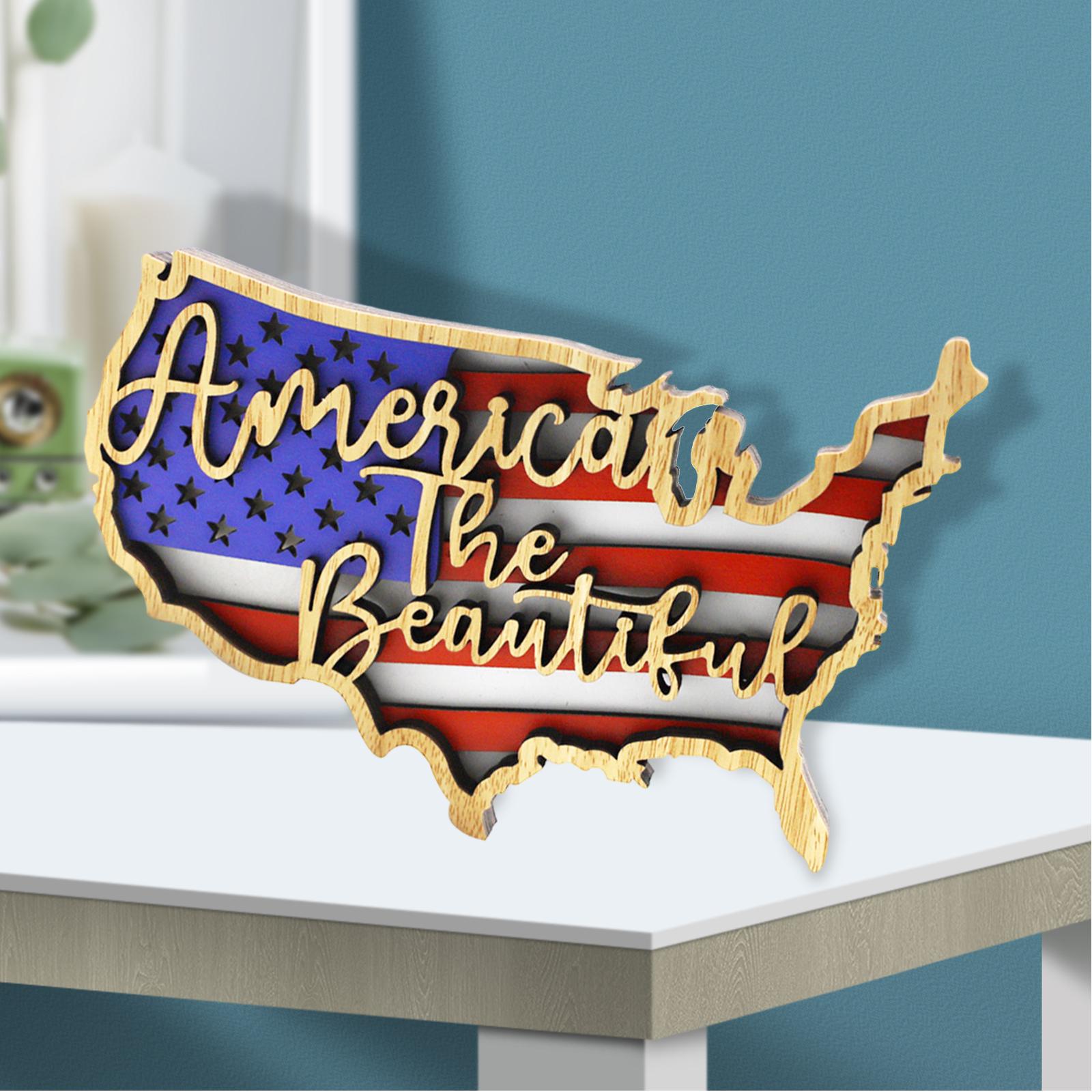 Carved Wooden American Flag Ornament Table Signs DIY Crafts Hollow Party