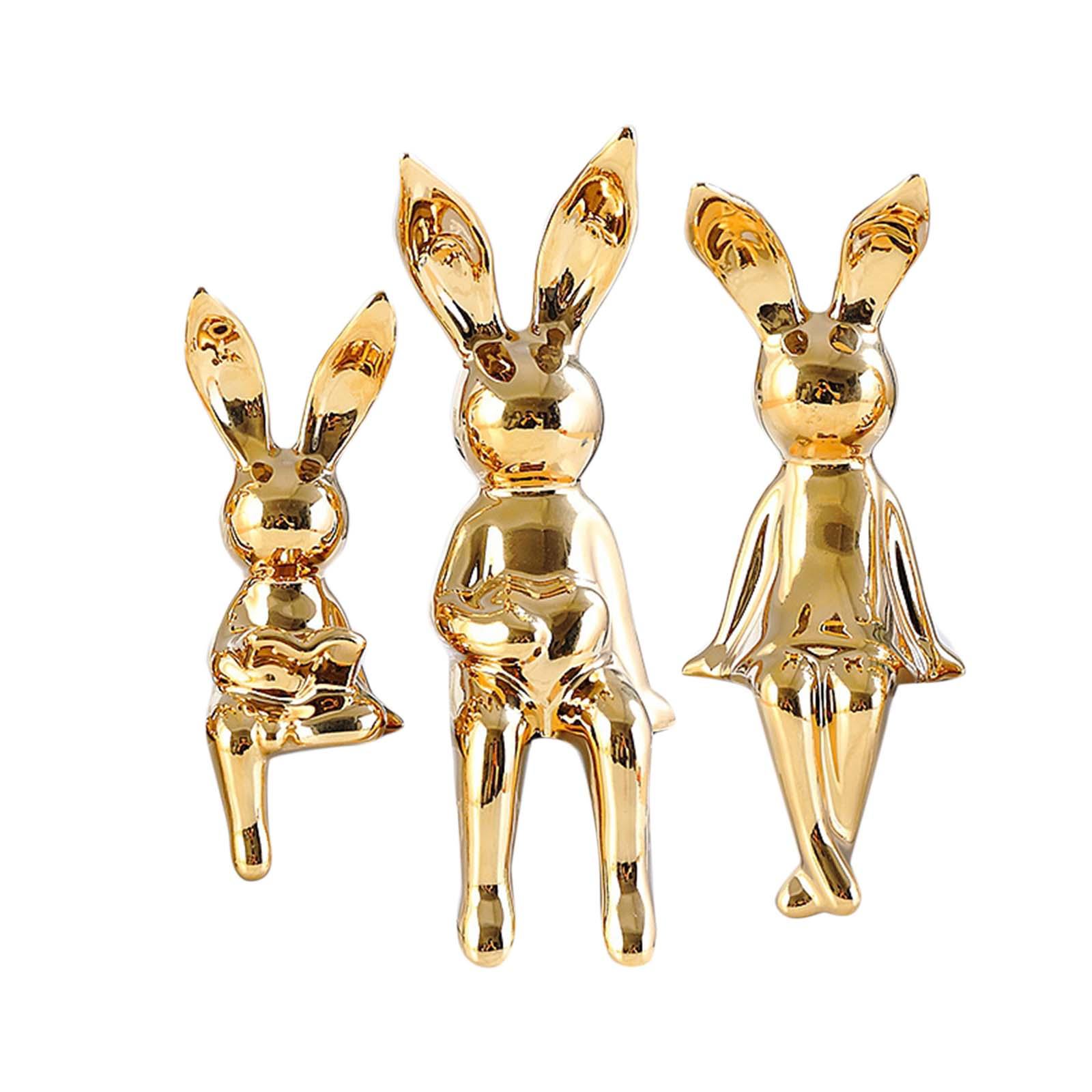 3Pcs Rabbit Family Statues Figurines Animal Figure Bedroom Bunny Sculpture Aureate